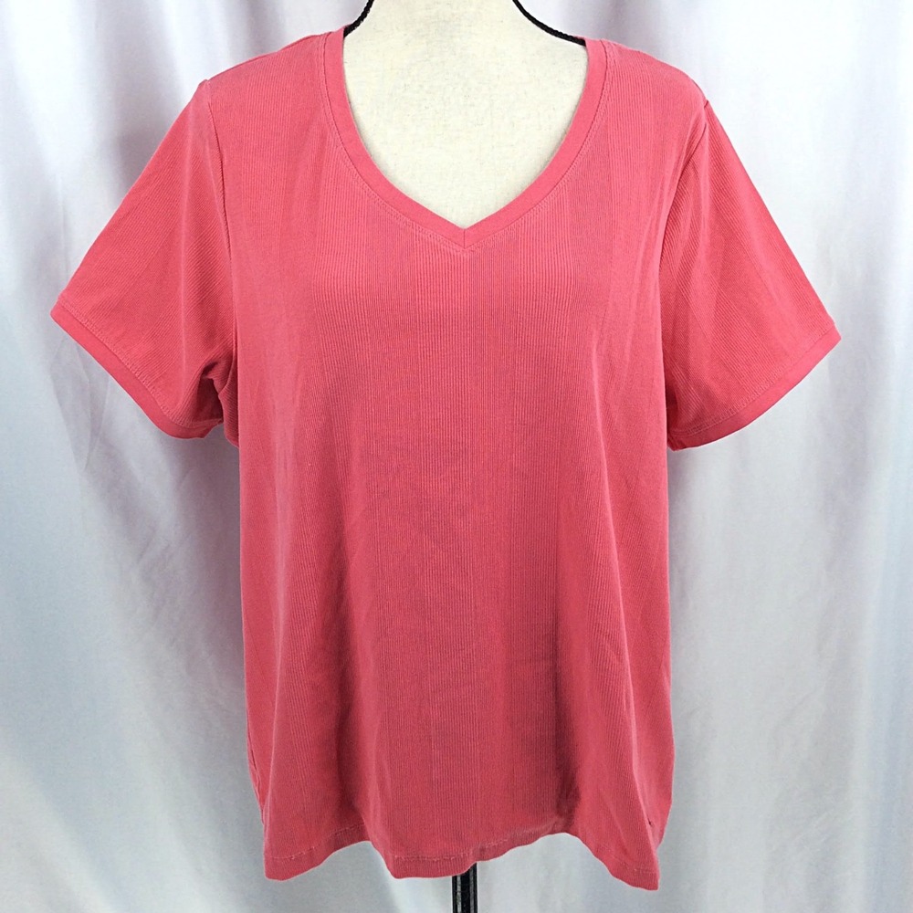 Tommy Hilfiger Ribbed Top Women's Plus Size 2X Pink Short Sleeve V-Neck